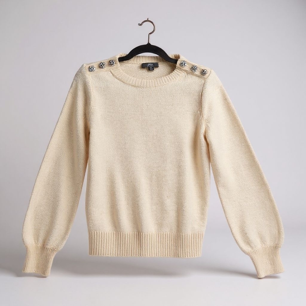 J. Crew Ivory Sweater Lambswool Blend Crew Neck Retro Rhinestone Trim Womens XS